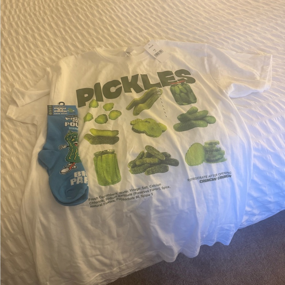 White Pickles Graphic T-Shirt with Blue Pickle Socks